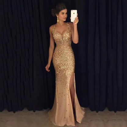 Gold Foil V Neck Maxi Dress With A-Line Skirt