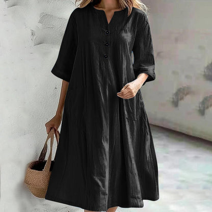 Women'S Dress Women'S Medium And Long V-Neck Half-Sleeve Cotton And Linen Loose Version Three-Button Pocket Dress