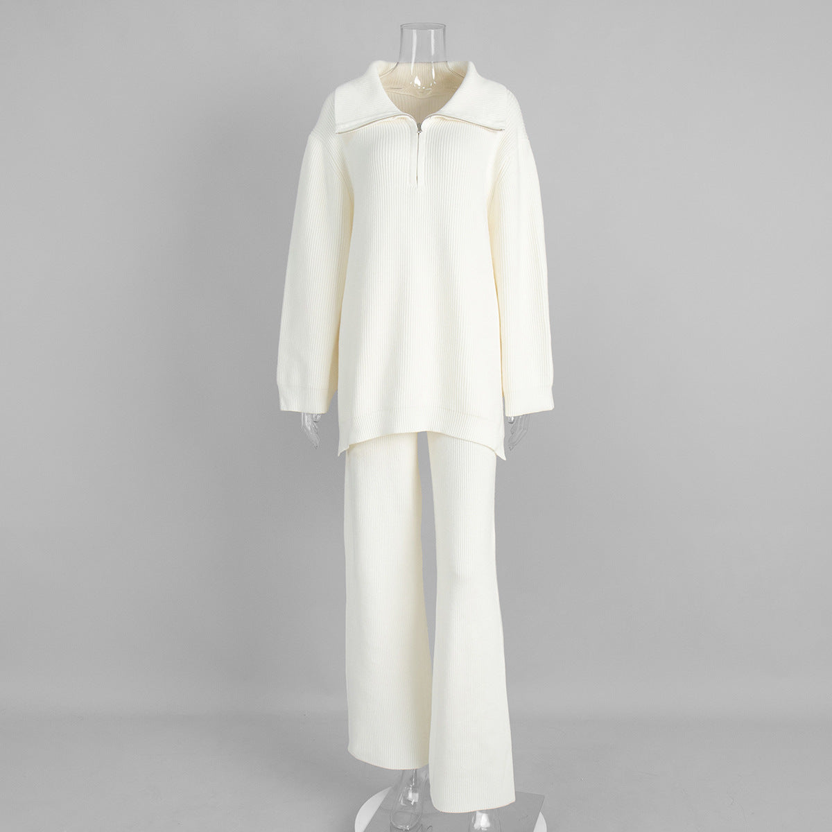 Half-Zip Knitted Sweater Set for Women Casual Chic Wide-Leg Pants