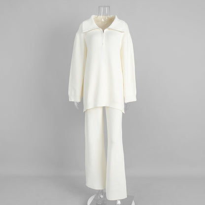 Half-Zip Knitted Sweater Set for Women Casual Chic Wide-Leg Pants