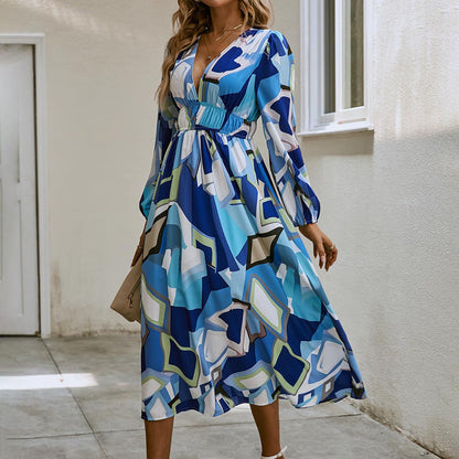 Bohemian Style New Spring And Autumn Deep V Print High Waisted Casual Long Sleeved Mid Length Dress