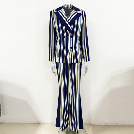 Colorful Striped Suit Jacket and Flared Pants Set