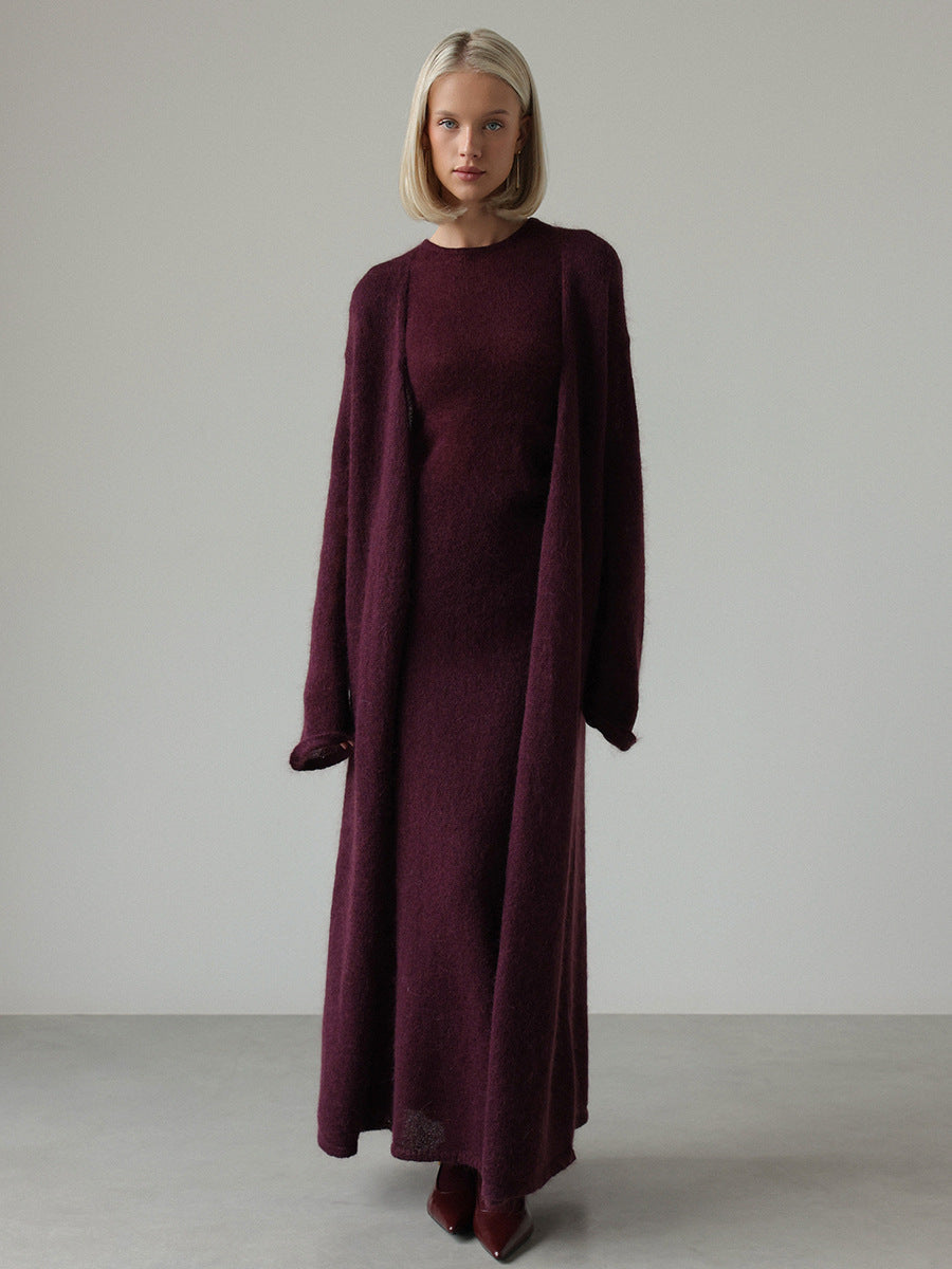 Knitted Cardigan Dress Set Stylish Basic Long Dress