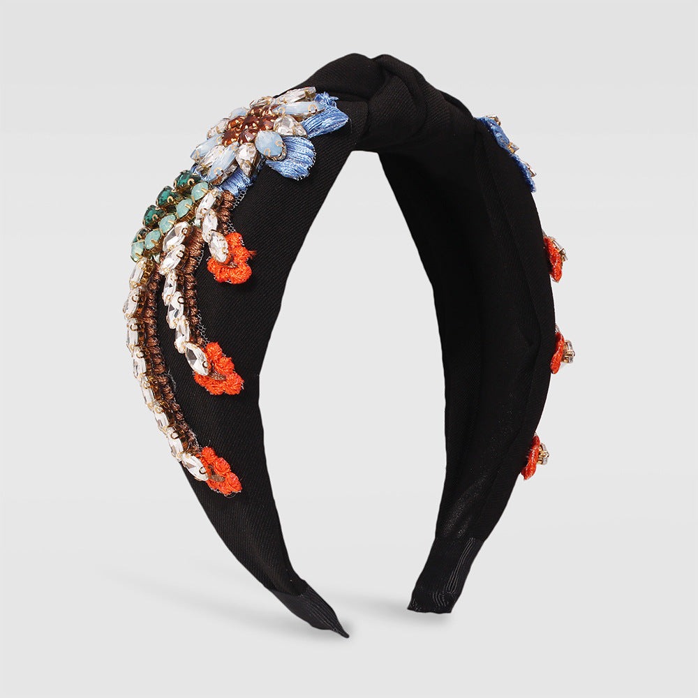 Stylish Hand-Stitched Embroidered Flowers Fabric Headband Personality Creative Diamond-Encrusted Knotted Headband For Women