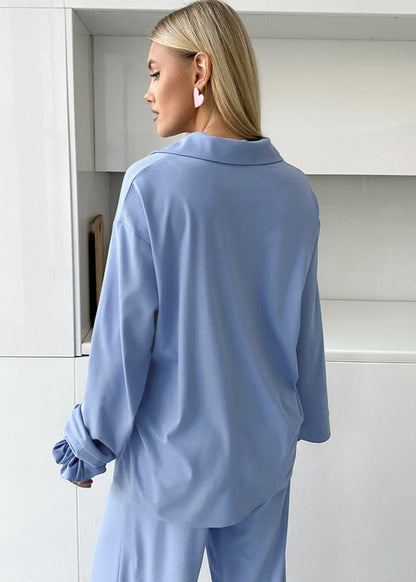 Satin Wide Leg Pajama Set in Blue