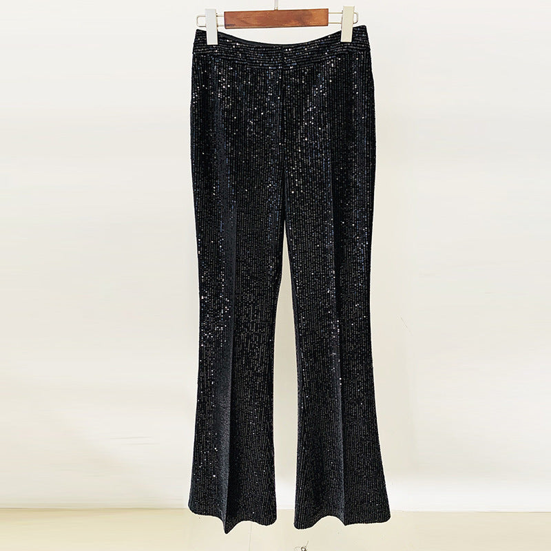 Fashionable Velvet Sequin Double-Breasted Blazer And Flared Pants Set