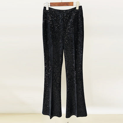 Fashionable Velvet Sequin Double-Breasted Blazer And Flared Pants Set