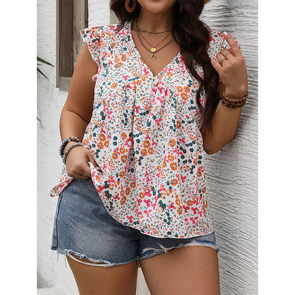 V-Neck Sleeveless Floral Print Blouse