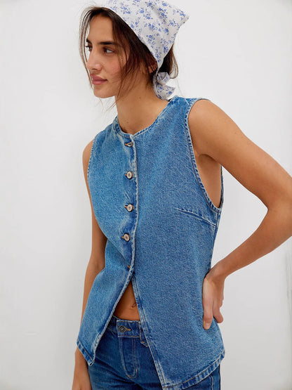 Trendy Casual Slim Fit Button Down Denim Sleeveless Top
