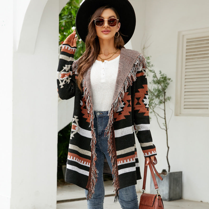 Autumn And Winter Loose Hooded Long Sweater Coat Tassel Geometric Jacquard Sweater Cardigan