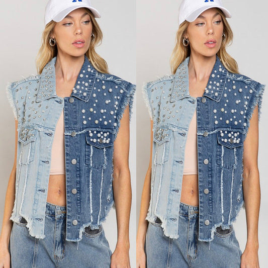 Denim Vest With Rhinestone Detail Loose-Fit Casual Top