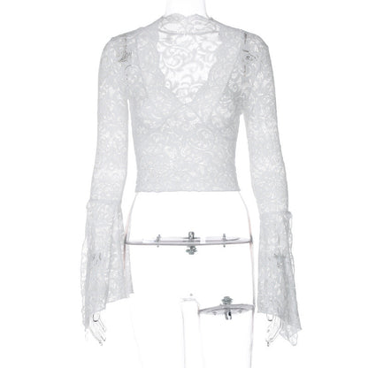 Sexy Deep V Lace Crop Top with Long Sleeves
