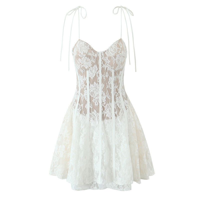 Solid Color Spaghetti Strap Lace Ruffled Dresses