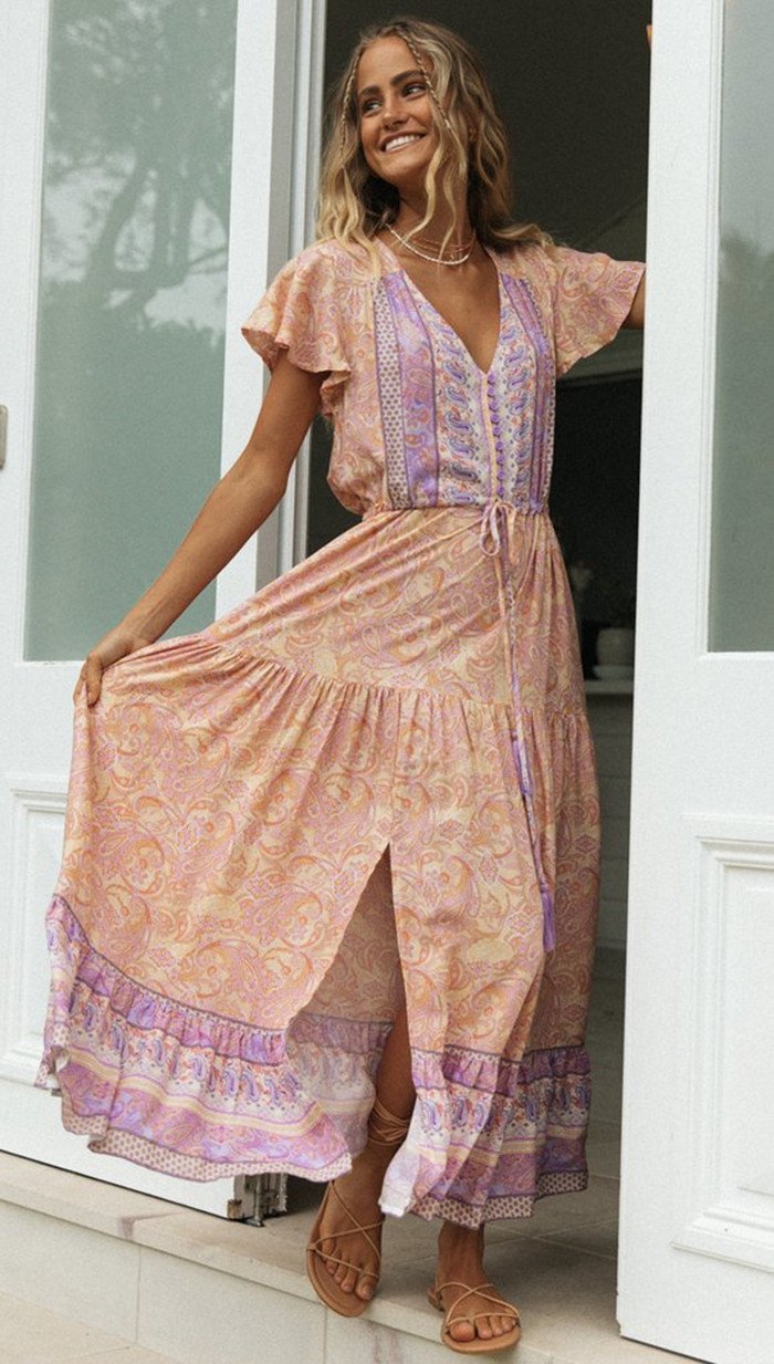 Women'S New Bohemian Holiday Long Skirt Positioning Flower Single-Breasted Dress