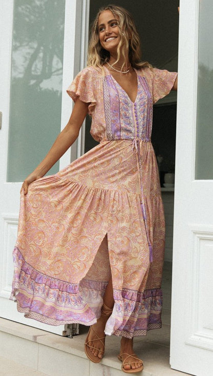 Women'S New Bohemian Holiday Long Skirt Positioning Flower Single-Breasted Dress