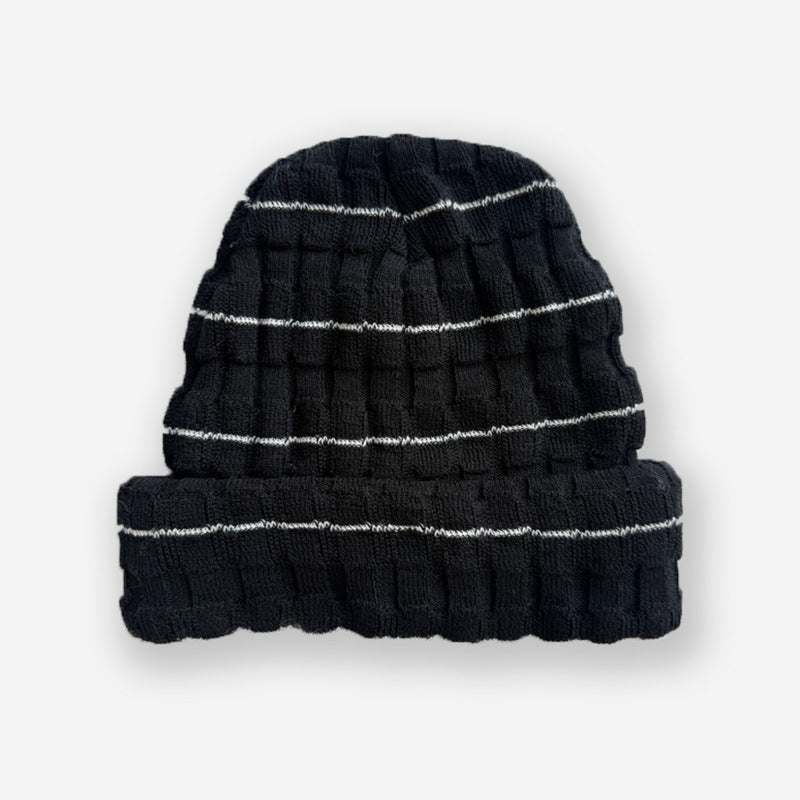 Striped Knit Beanie Hat Soft Wool Blend Casual Winter Hat