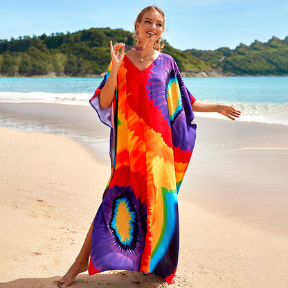 Printed Beach Skirt Loose Robe Seaside Holiday Bikini Swimsuit Smock Sunscreen Blouse Women