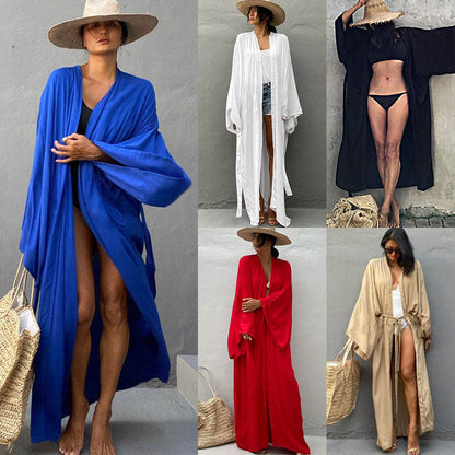 New Cotton Loose Long Cardigan Beach Sun Protection Jacket Beach Vacation Bikini Cover Up Swimsuit For Women'S Outerwear
