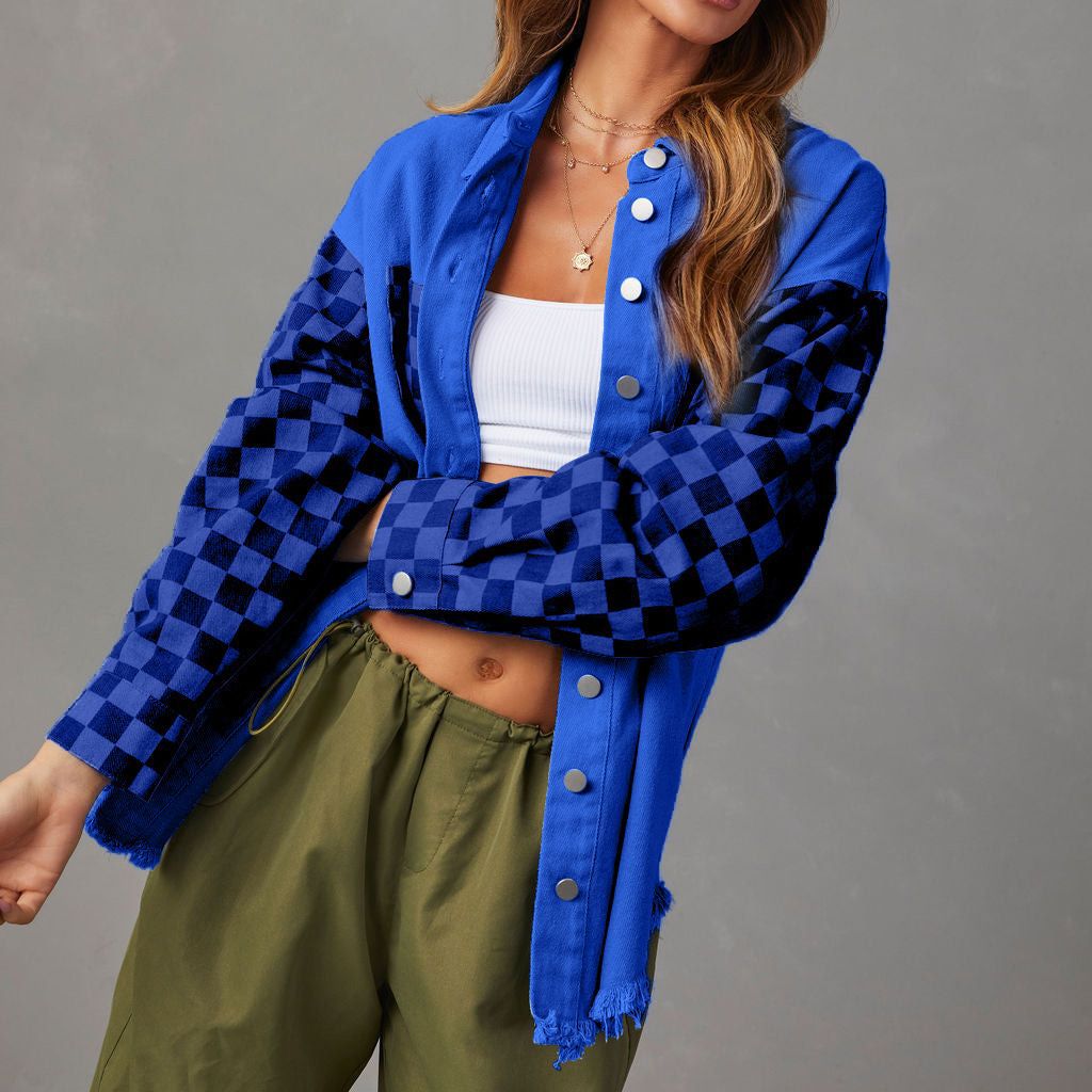 Casual Loose Plaid Denim Jacket for Women