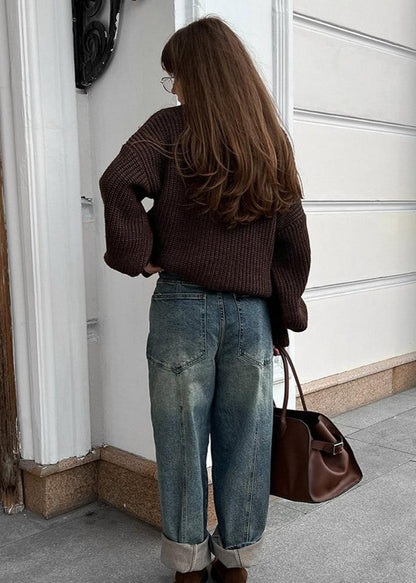 Chunky Knit Pullover Sweater Dark Brown