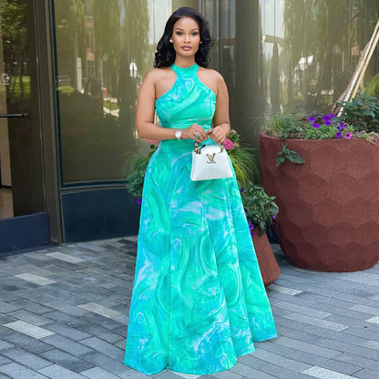 Elegant A-Line Graphic Maxi Dress With Sleeveless Design
