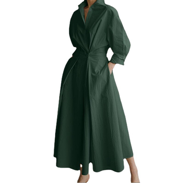 Cotton And Linen Net Color Lapel /Polo Collar Shirt Sleeve Elastic Waist Big Swing Dress