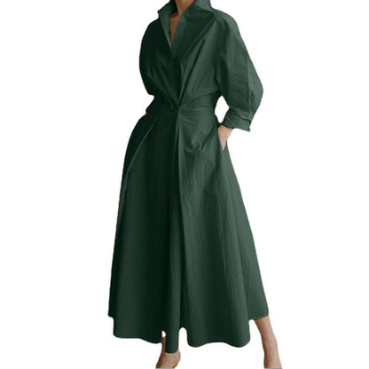 Cotton And Linen Net Color Lapel /Polo Collar Shirt Sleeve Elastic Waist Big Swing Dress