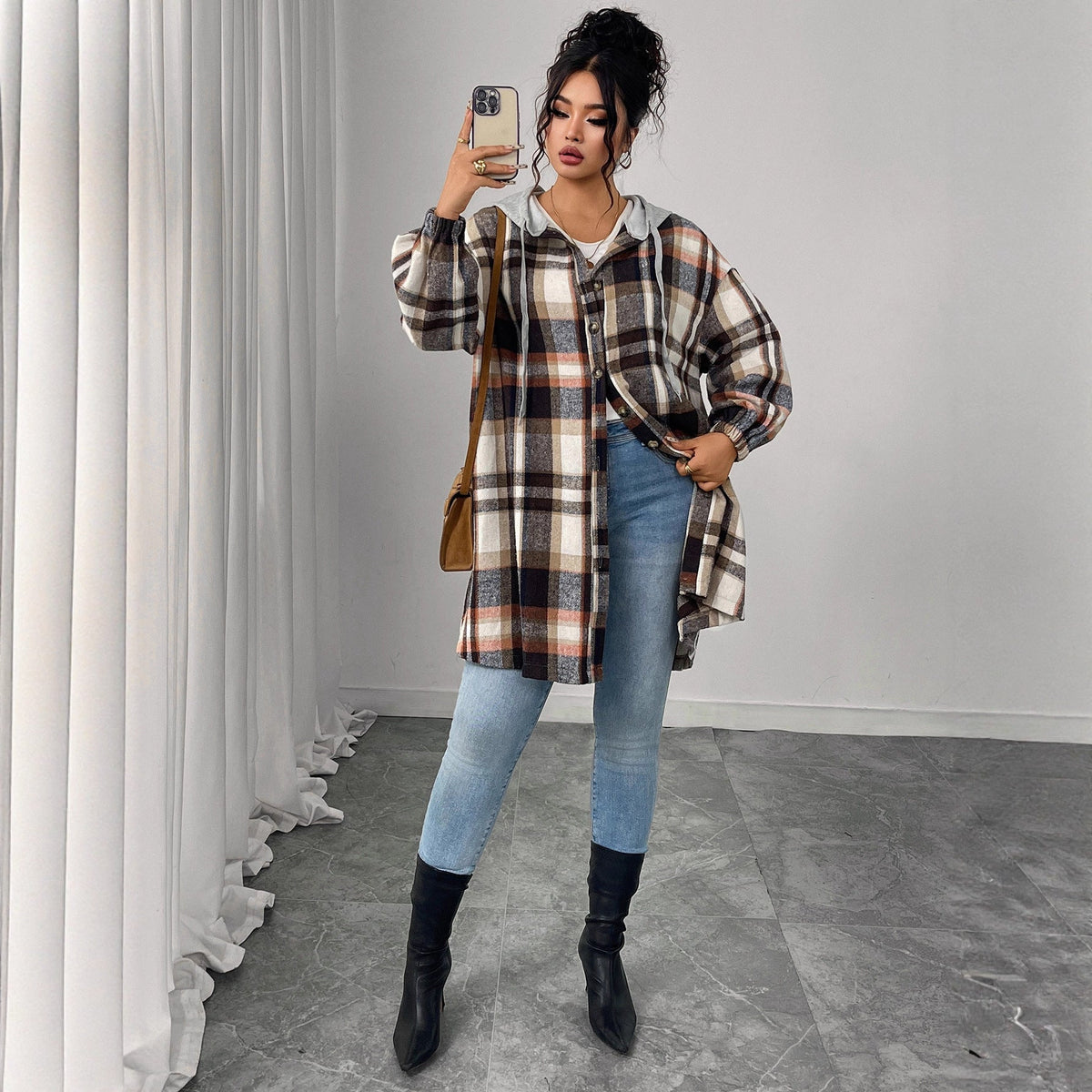 Checkerboard Pattern Hooded Cotton Jacket Casual Vintage Loose Fit