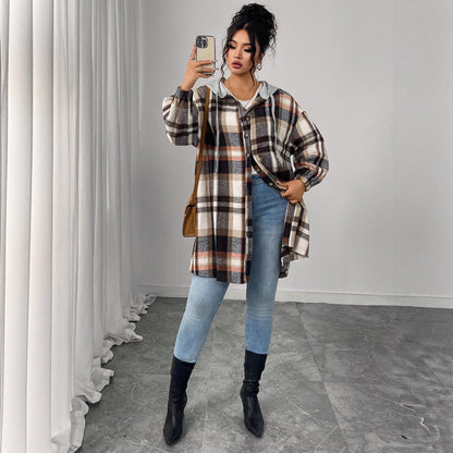 Checkerboard Pattern Hooded Cotton Jacket Casual Vintage Loose Fit