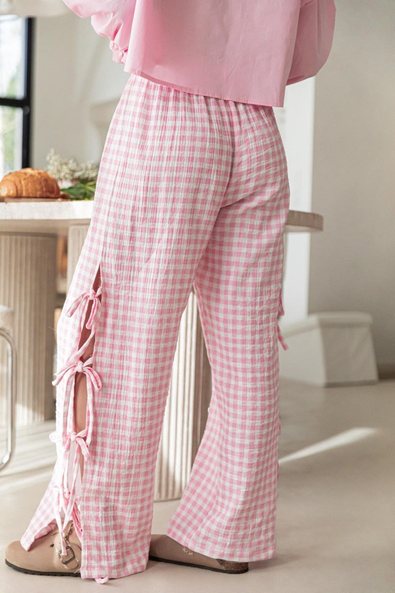 Bow Side Split Plaid Casual Pants