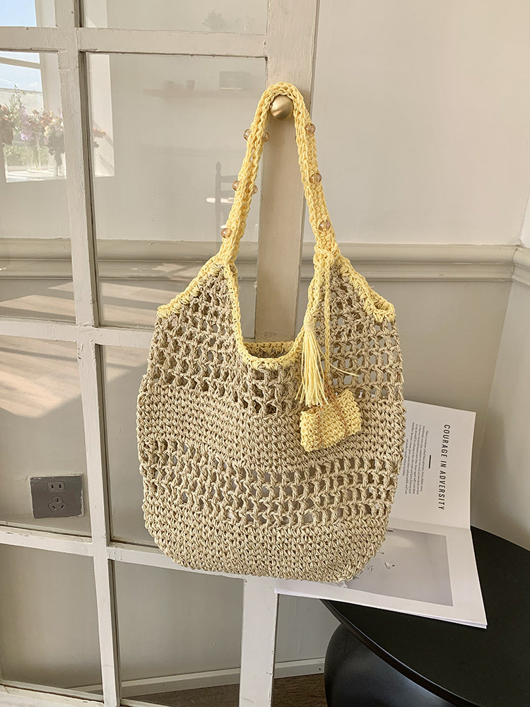 Trendy Woven Straw Shoulder Bag Casual Chic Handheld Purse