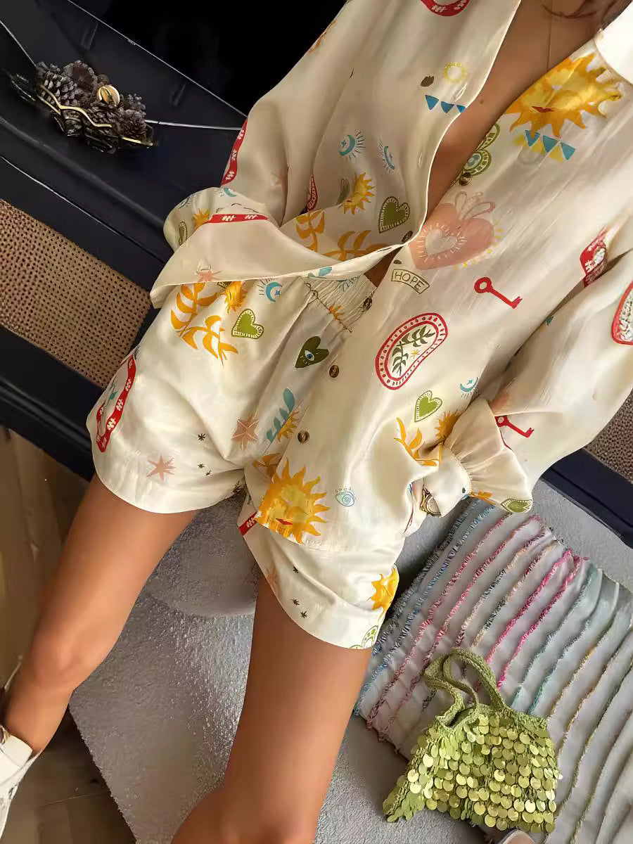 Fashion Print Linen Casual Cardigan Shorts Set