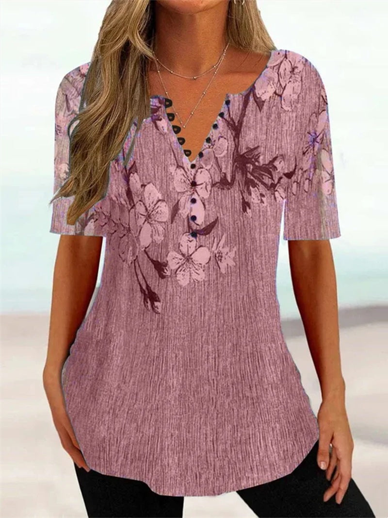 Women'S Clothing Summer Loose V-Neck Short Sleeved Pleated Button Up Shirt For Women