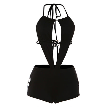 Backless Sexy Bodysuit With Tie Detail And Fitted Shorts