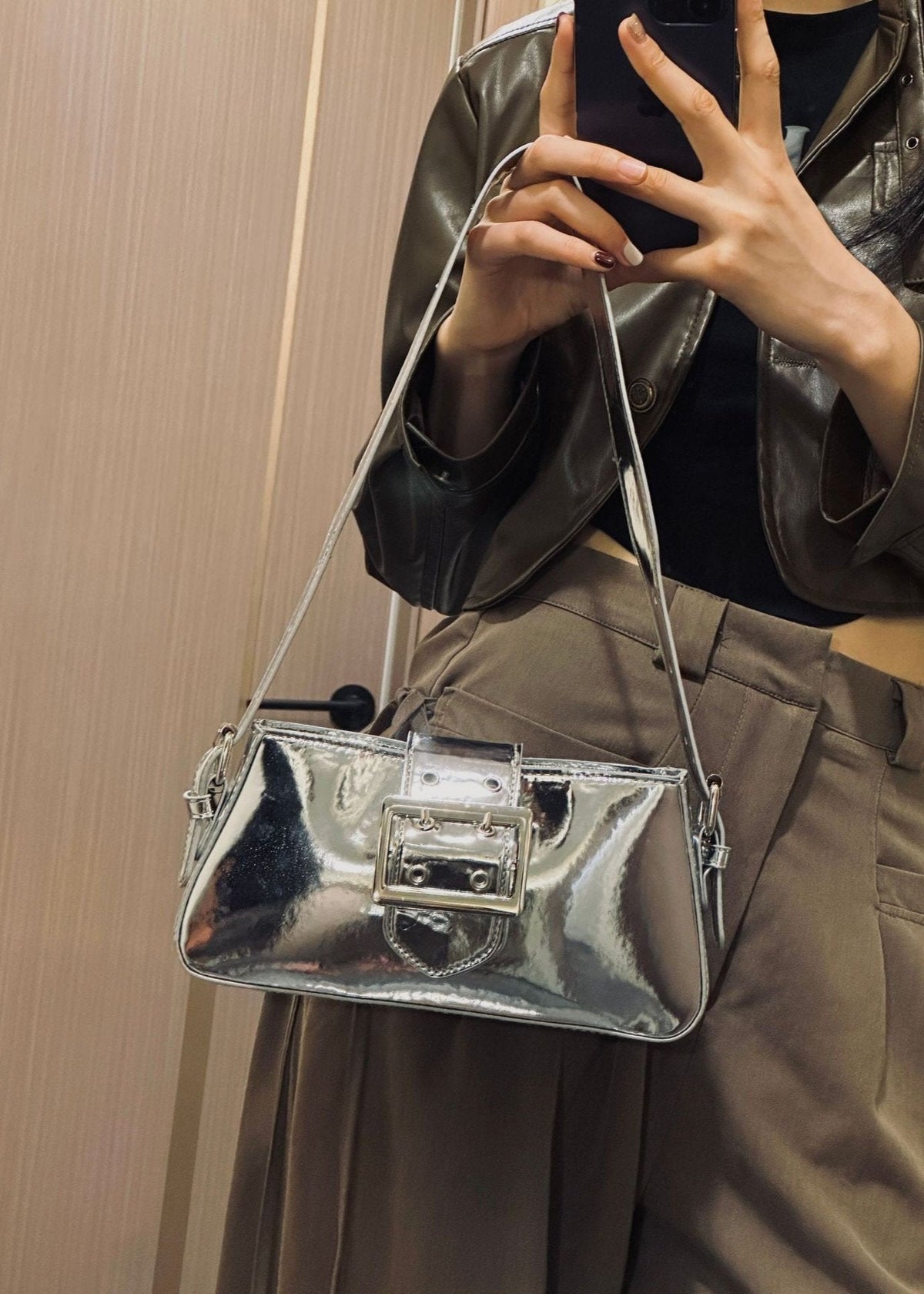 Patent Leather Bag With Glossy Buckle Detail