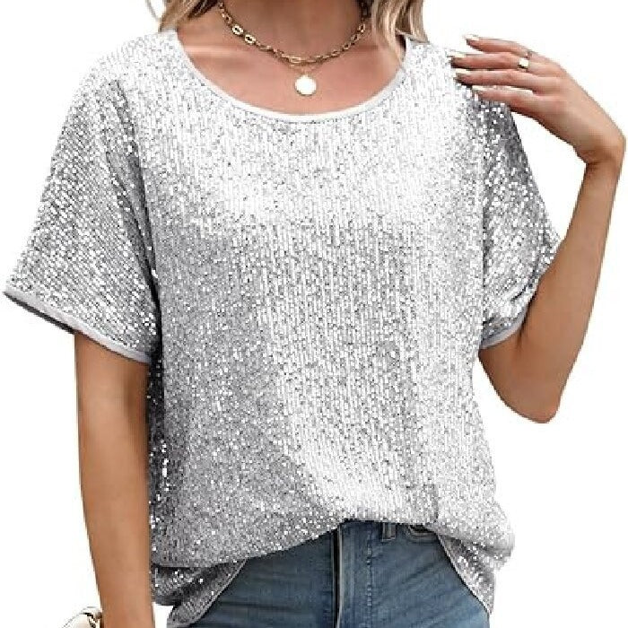 Loose Sequin Deep V-Neck Short Sleeve Top