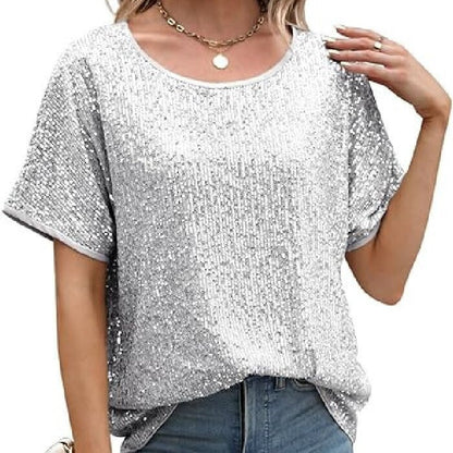 Loose Sequin Deep V-Neck Short Sleeve Top