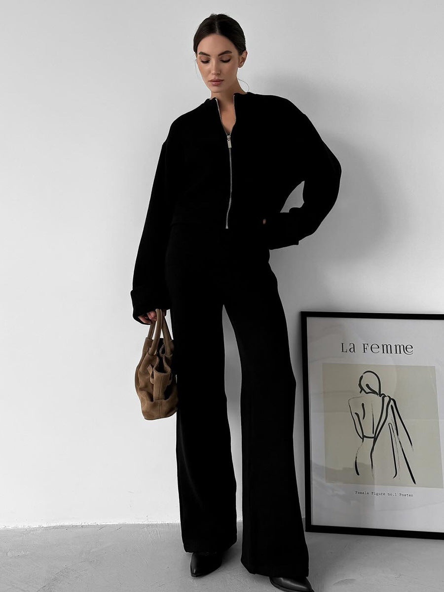 Casual Knitted Long Sleeve Top And Wide Leg Pants Set