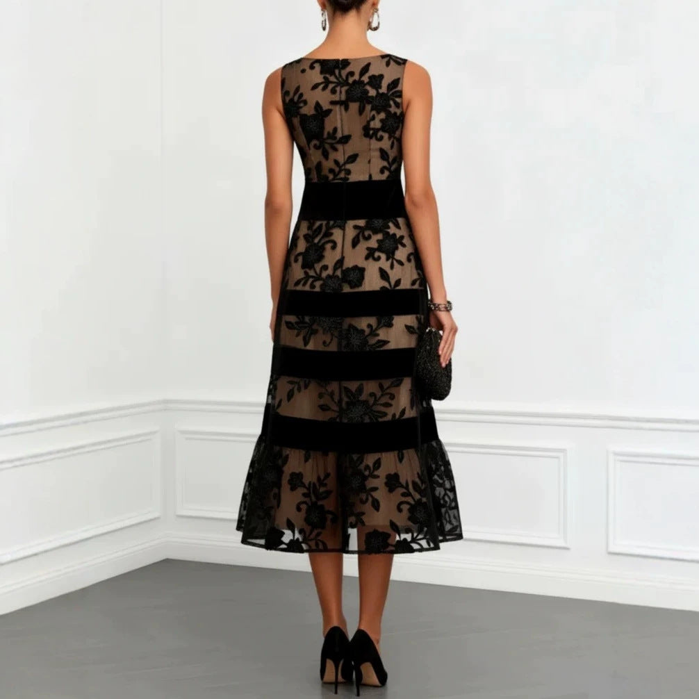 Nude Mesh Black Floral Lace Velvet Strip Sleeveless Midi Dress