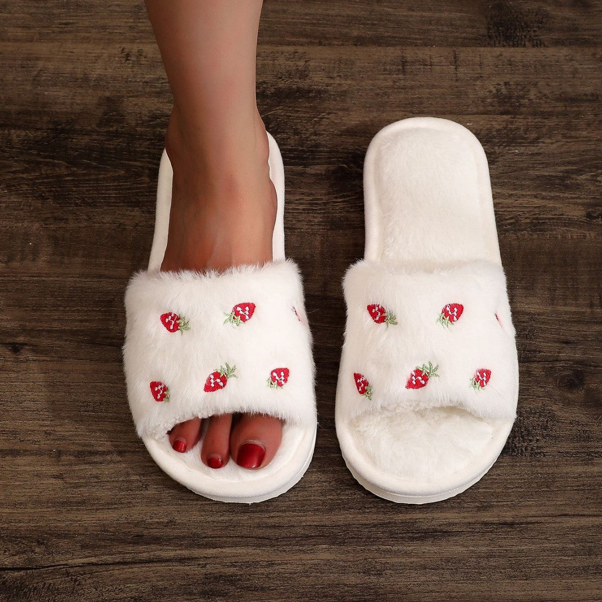 Plush Embroidery Cute Open Toe Slippers