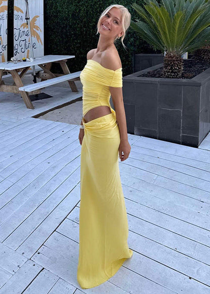 Off Shoulder Ruched Maxi Dress In Soft Stretch Fabric