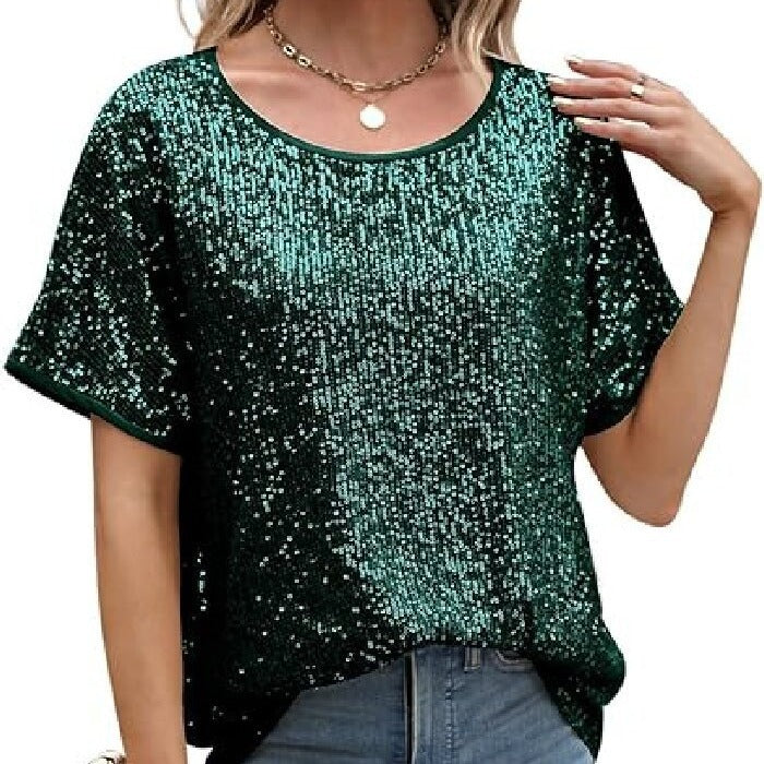 Loose Sequin Deep V-Neck Short Sleeve Top