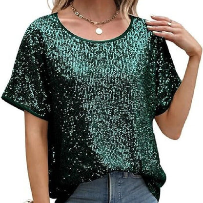 Loose Sequin Deep V-Neck Short Sleeve Top