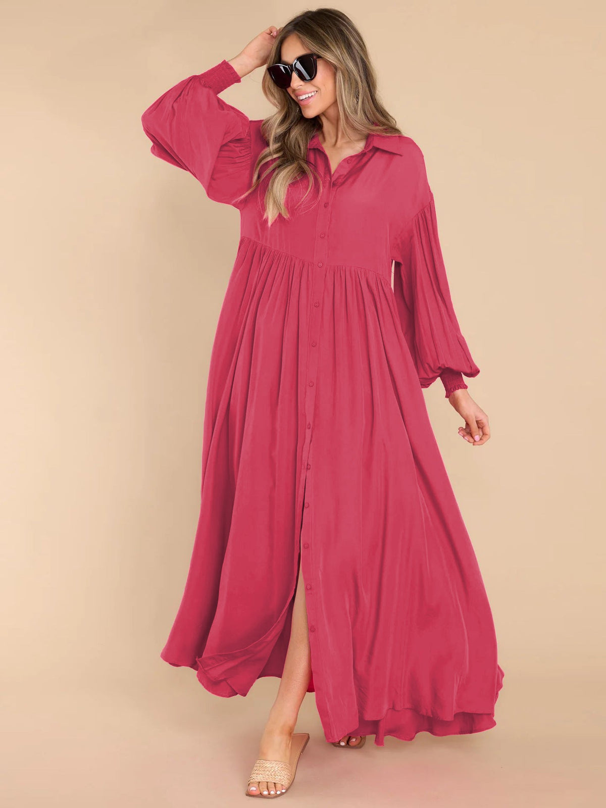 Autumn And Winter New Product Long Solid Color Dress Button Long Dress Loose Oversized Swing Skirt