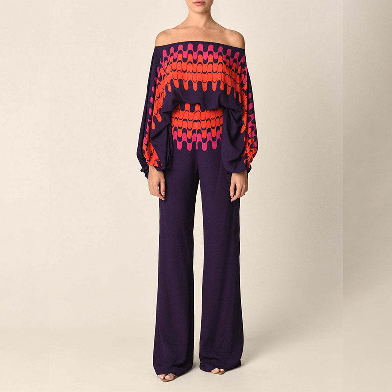 2025 Spring New Suit Printed Round Neck Loose Bat Sleeve Waist Wide Leg Pants Fashion Suit