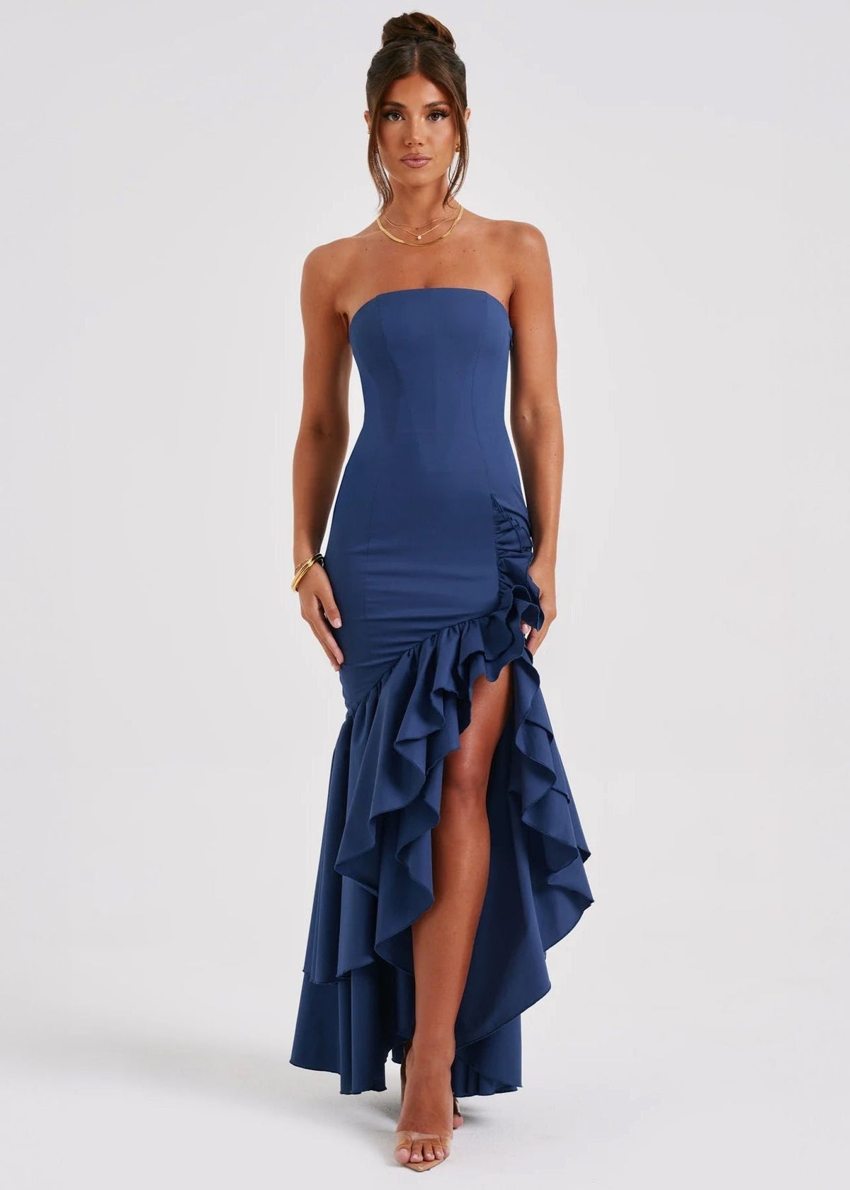 Strapless Ruffled Maxi Dress In Navy Fabric