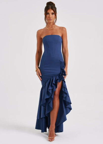 Strapless Ruffled Maxi Dress In Navy Fabric