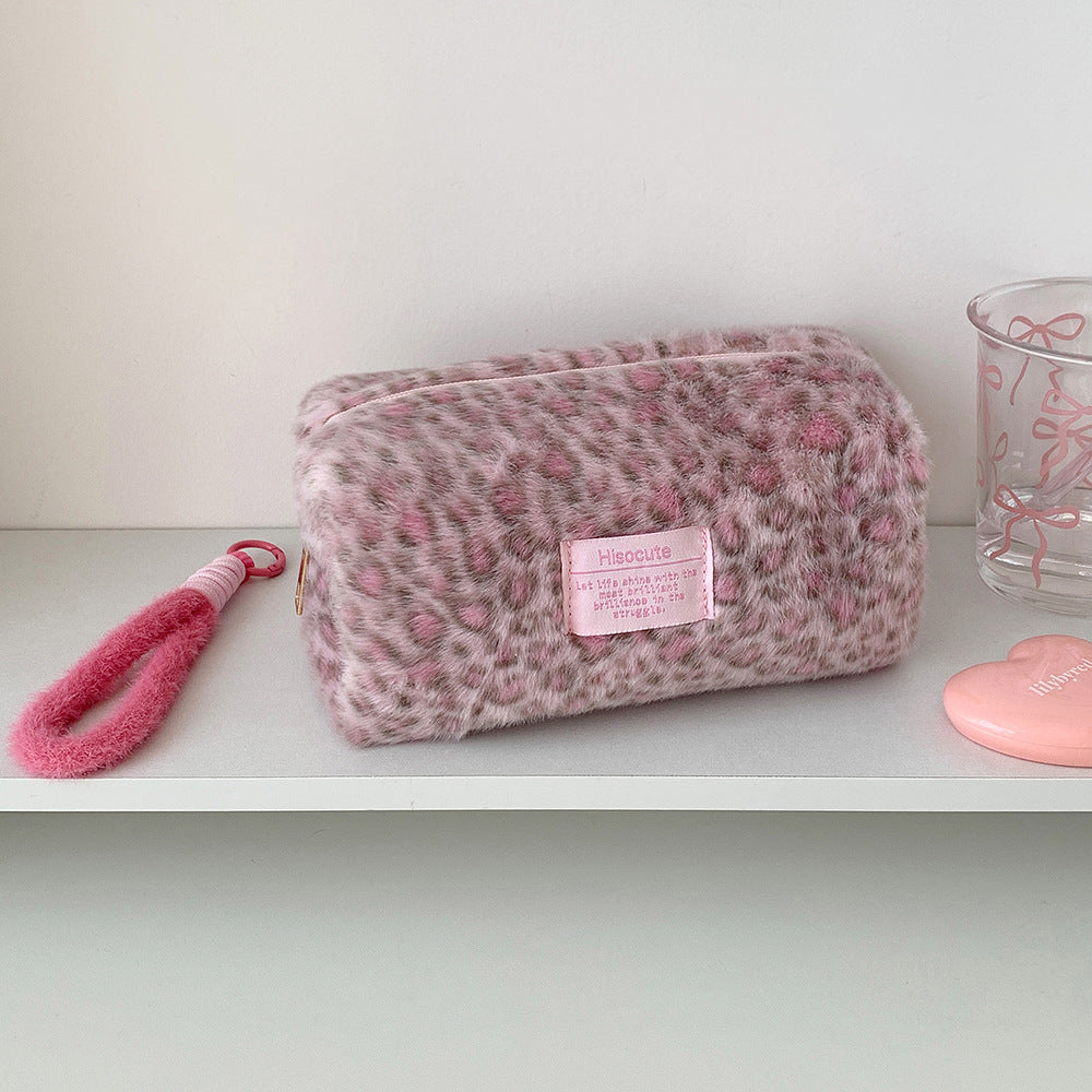 Cute Fuzzy Leopard Print Portable Makeup Bag