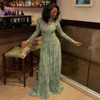 Retro Floral A-Line Dress With High Neck Long Sleeves