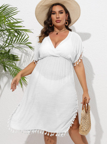Plus Size Women'S Beach Vacation Bikini Cover-Up With Fringe Deep V Waist Cinching Dress